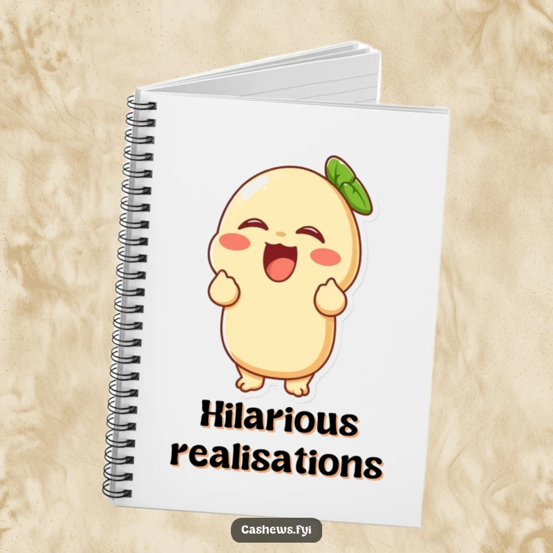 Funny notebook with a cashew character giggling uncontrollably, ready to help you capture your funniest thoughts.