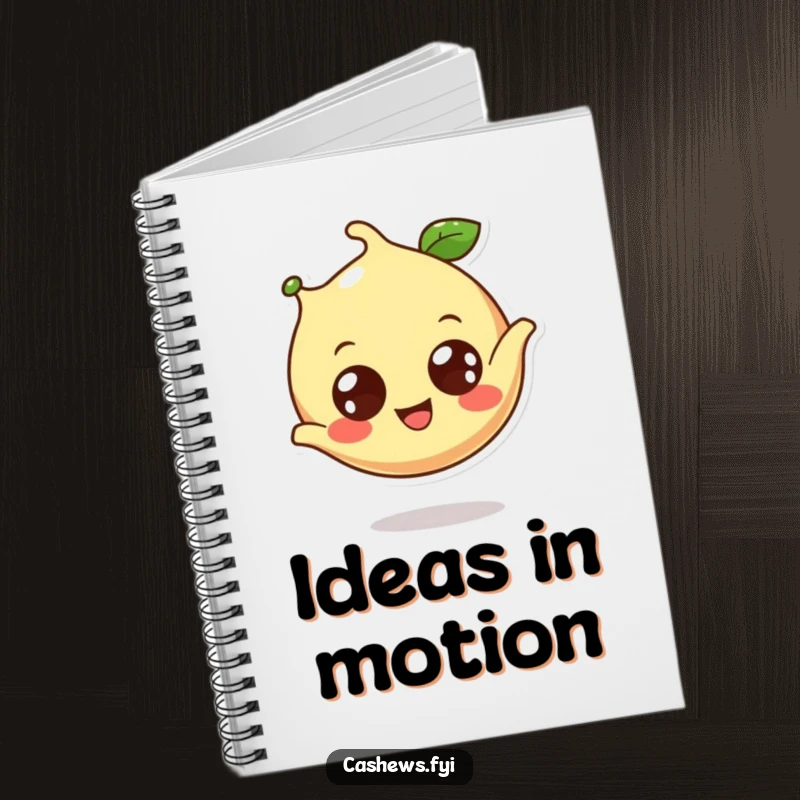 Funny cashew notebook featuring a happy cashew doing a somersault, perfect for notes and doodles.