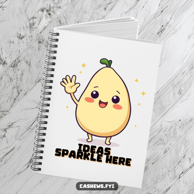 Funny notebook featuring a kawaii cashew character waving hello with starbursts, perfect for jotting down greetings and cheerful thoughts.