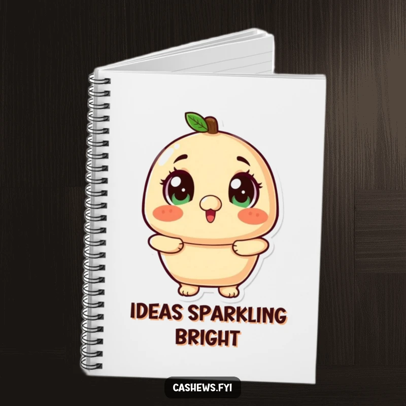 Funny kawaii cashew with wide, twinkling eyes looking up excitedly on a notebook.