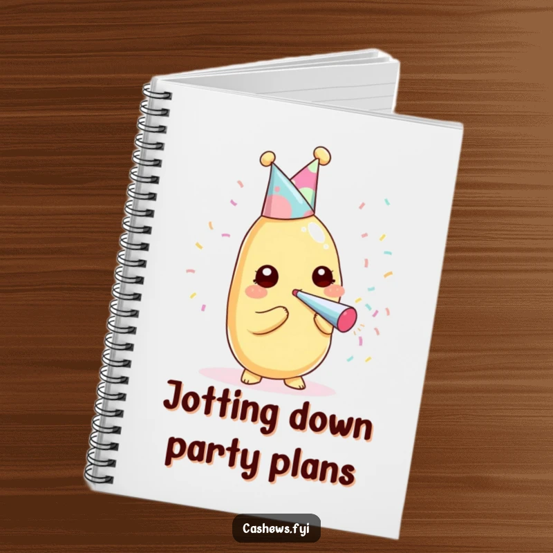 Funny kawaii cashew in a party hat, blowing confetti on a spiral-bound notebook.