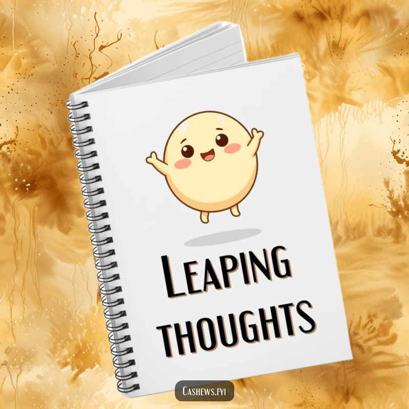 Funny notebook cover featuring a round cashew character with tiny legs leaping joyfully upwards, for ambitious note-taking.