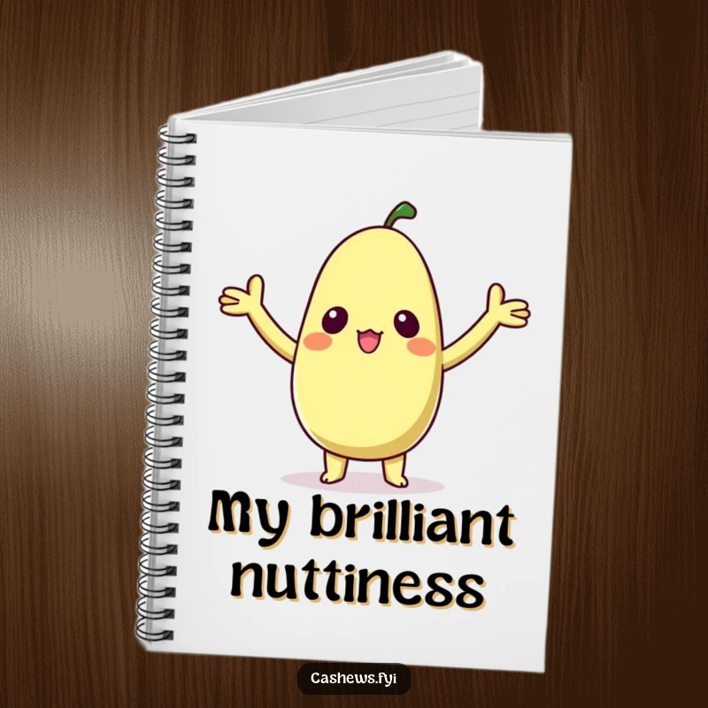 Funny notebook featuring a kawaii cashew character with arms raised in delighted surprise, perfect for jotting down cute and happy thoughts.