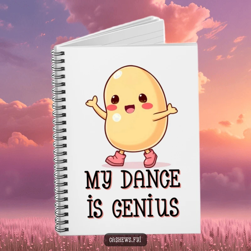 Funny notebook with a cashew nut character dancing in tiny boots, encouraging fun note-taking.