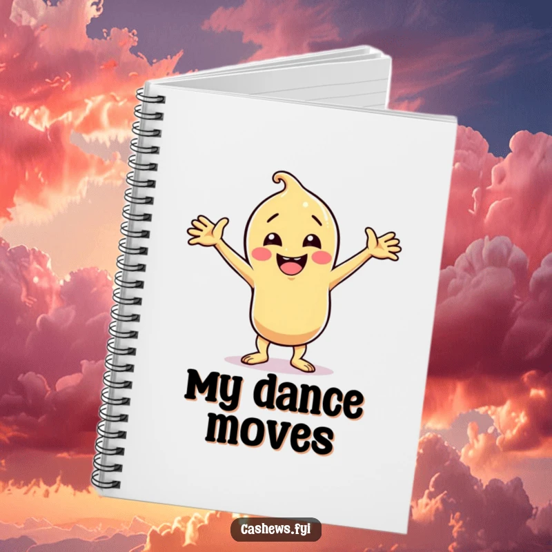 Funny cashew character in a silly dance pose with arms wide on a notebook, perfect for dance lovers, funny gift.