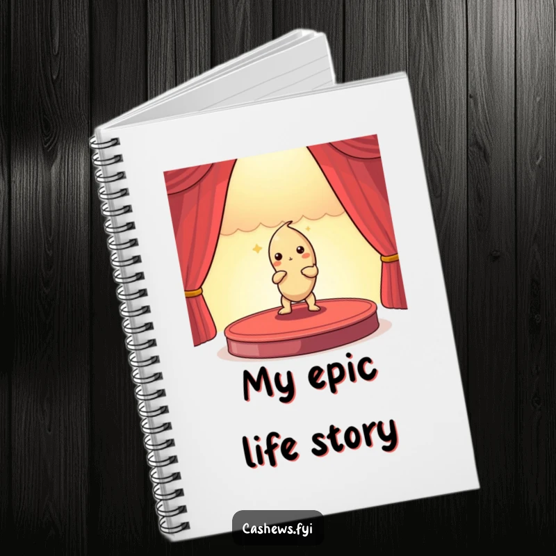 Funny notebook with a cashew nut actor posing dramatically on a miniature stage, perfect for journaling creative and humorous thoughts.