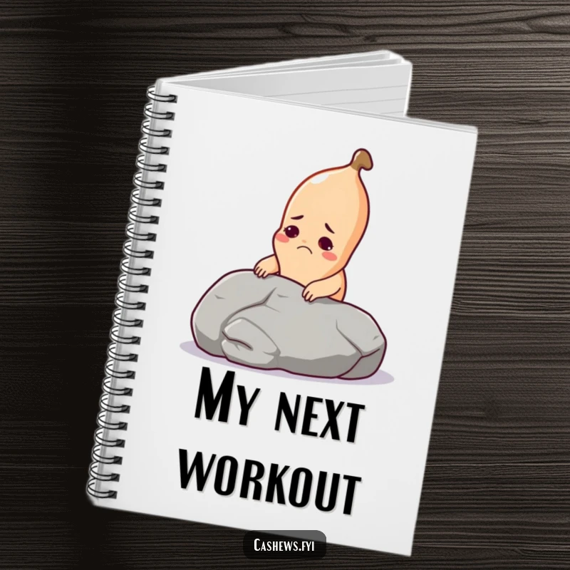 Funny cashew notebook featuring a determined cashew attempting to lift a giant pebble, perfect for journaling and notes.