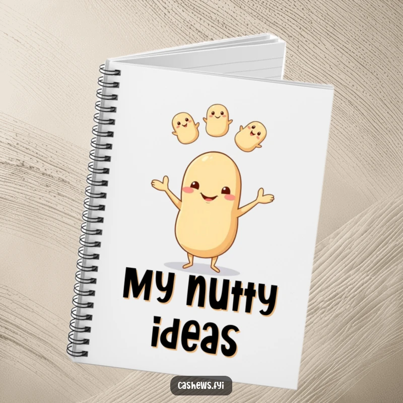Funny notebook with a happy cashew juggling nuts, tiny legs, and a goofy grin, ideal for capturing thoughts with a humorous touch.