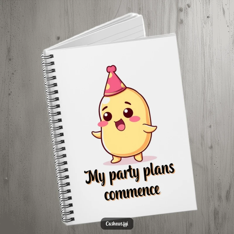 Funny notebook with a thrilled cashew nut wearing a small party hat, perfect for jotting down exciting ideas.