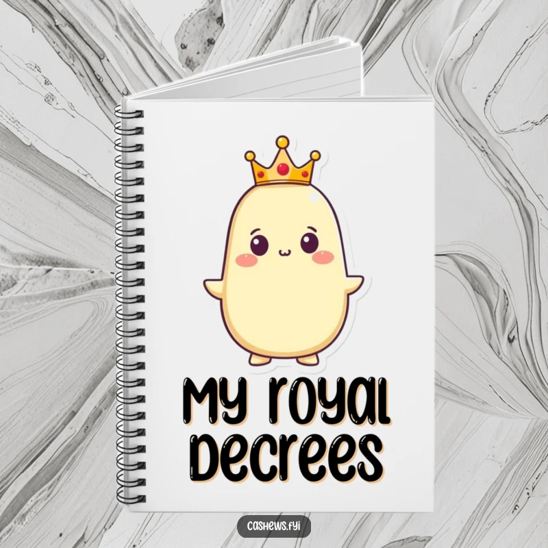 Funny notebook cover with a proud cashew character wearing a tiny crown, its expression conveying regal confidence and a touch of humorous self-importance.