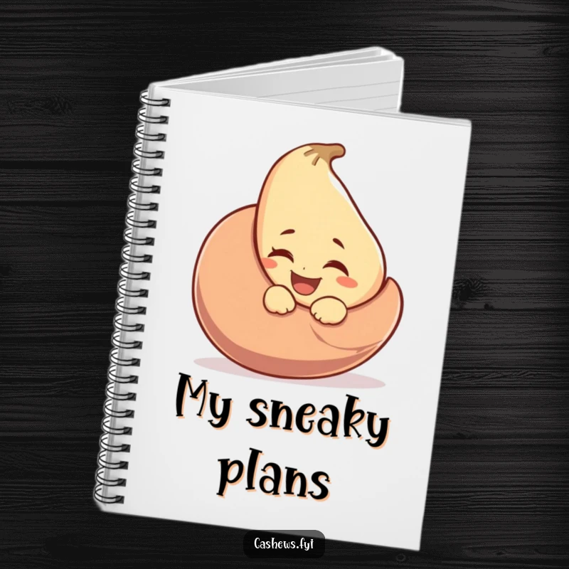 Funny notebook with a laughing cashew character winking from behind a large cashew nut, perfect for jotting down notes playfully.