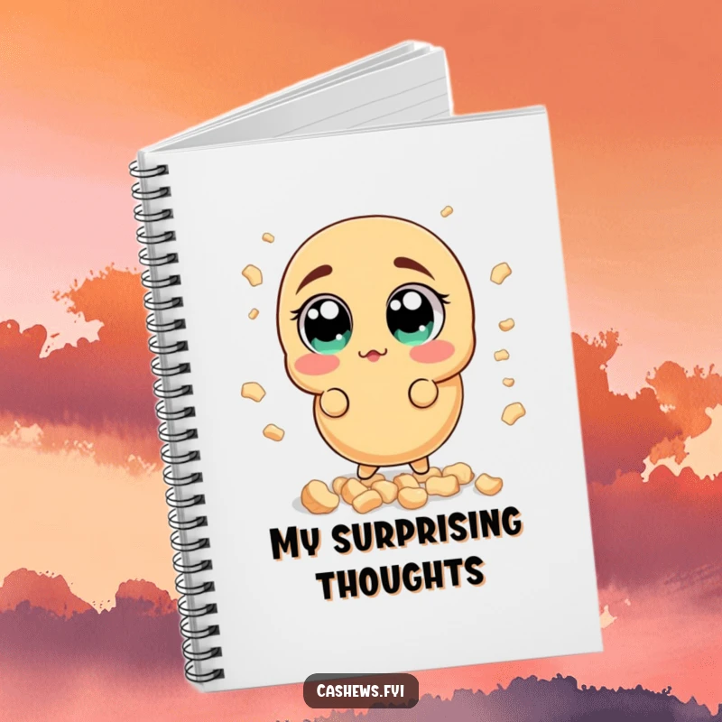 Funny surprised cashew notebook featuring a nut with wide, shocked eyes reacting to a shower of cashew bits, ideal for journaling surprises.