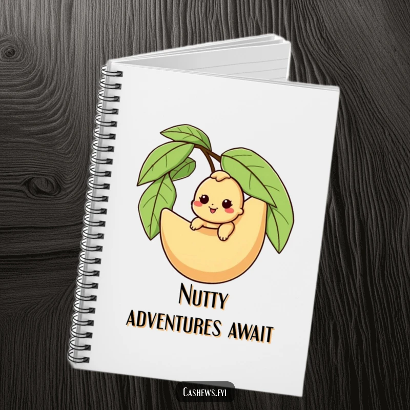 Funny cashew notebook with a character riding a giant husk, perfect for jotting notes with a side of nutty adventure.