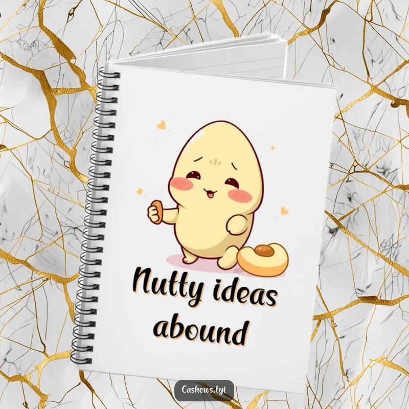 Funny cashew notebook with a character swooning over a snack, perfect for jotting notes with a side of nutty humor.
