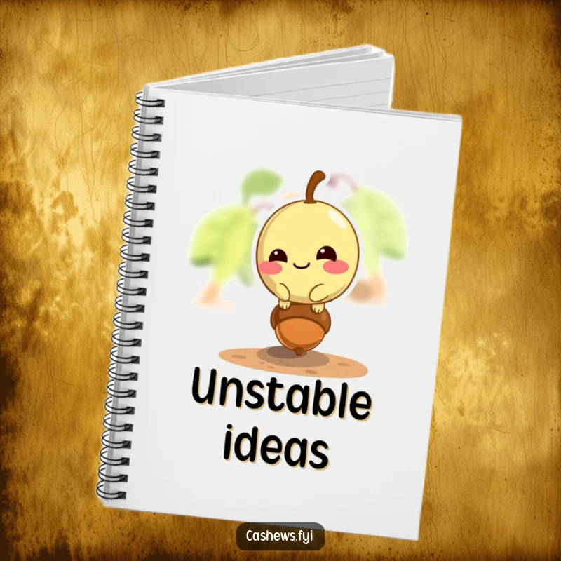 Funny cashew notebook featuring a mischievous cashew balancing on a tiny acorn, ideal for notes and plans.