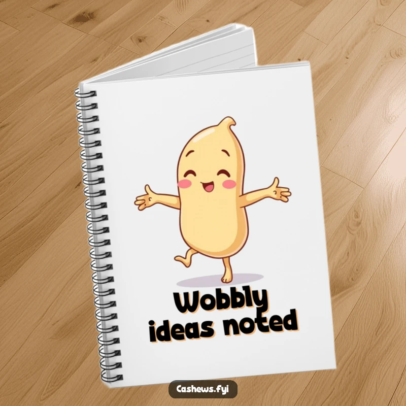 Funny notebook cover with a cashew character balancing hilariously on one leg, arms outstretched in a silly, unforgettable pose.