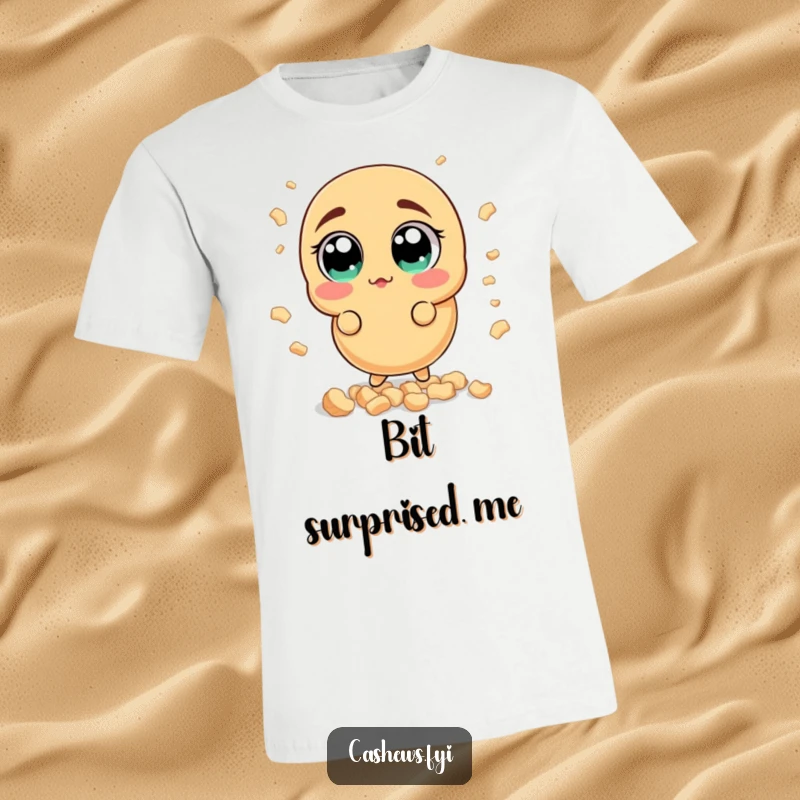 Funny surprised cashew t-shirt depicting a nut with comically wide eyes, taken aback by a cascade of tiny cashew pieces, highlighting shock.