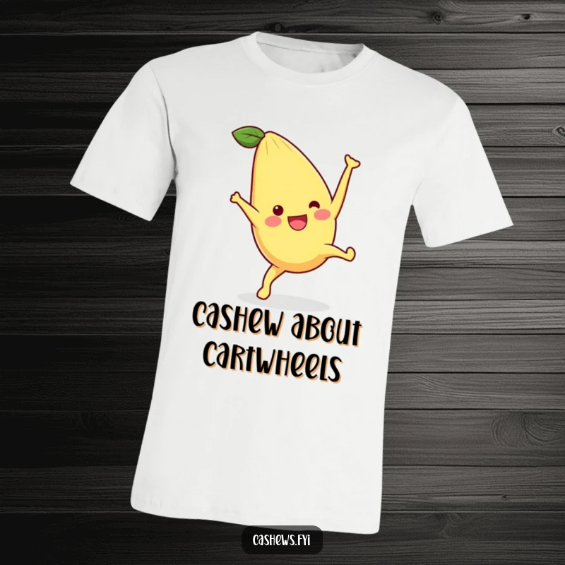Funny t-shirt with a kawaii cashew doing a cartwheel, radiating pure joy and energetic abandon, a great gift for active individuals.