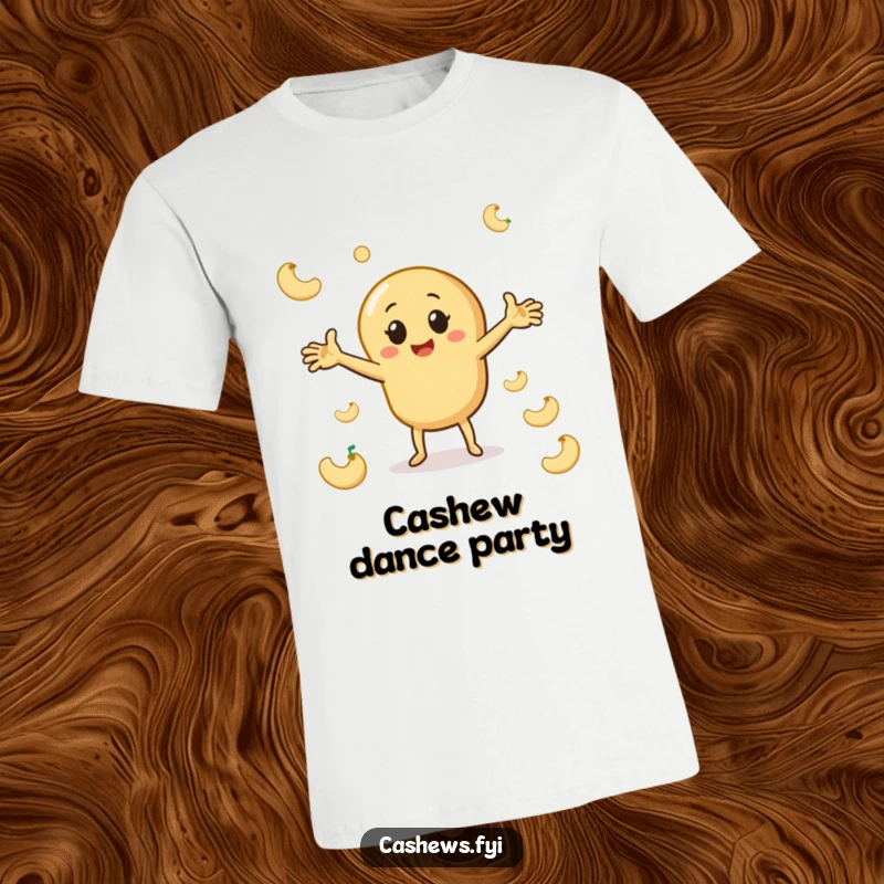 Funny cashew t-shirt depicting a character doing a playful dance with arms wide, surrounded by cashew shapes, celebrating nutty joy.