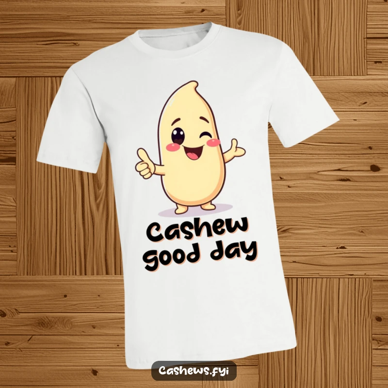 Funny t-shirt with a kawaii cashew character giving a big grin and thumbs-up, showcasing adorable and humorous charm.