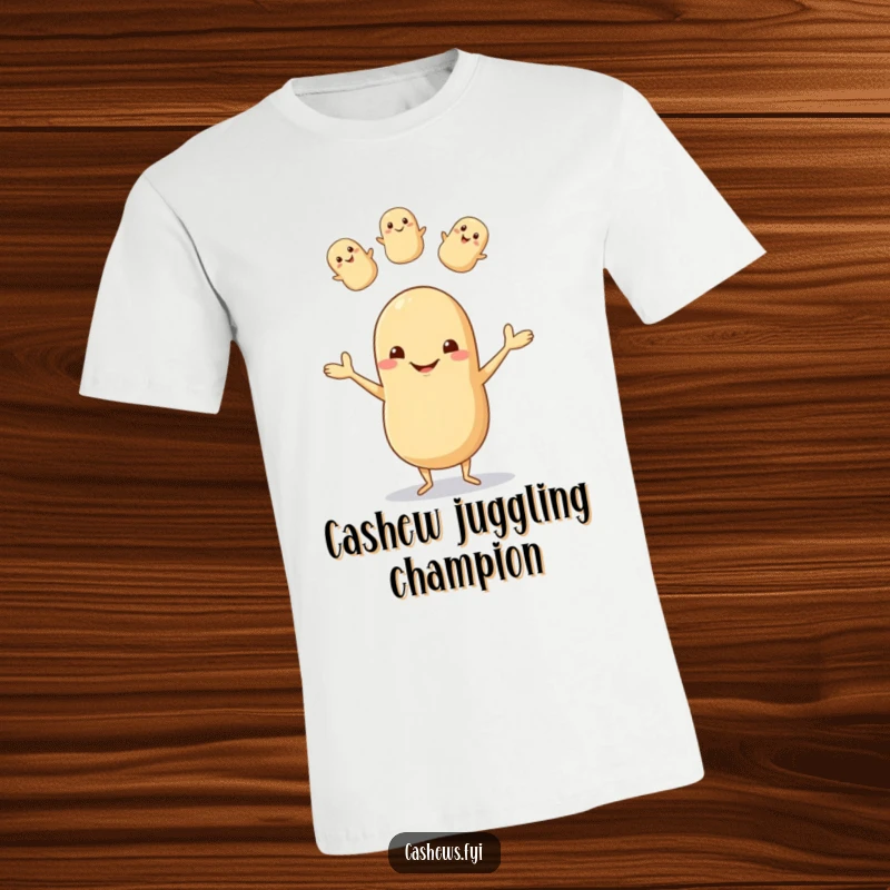 Funny t-shirt showcasing a happy cashew with tiny legs juggling smaller nuts with a goofy grin, perfect for casual wear.