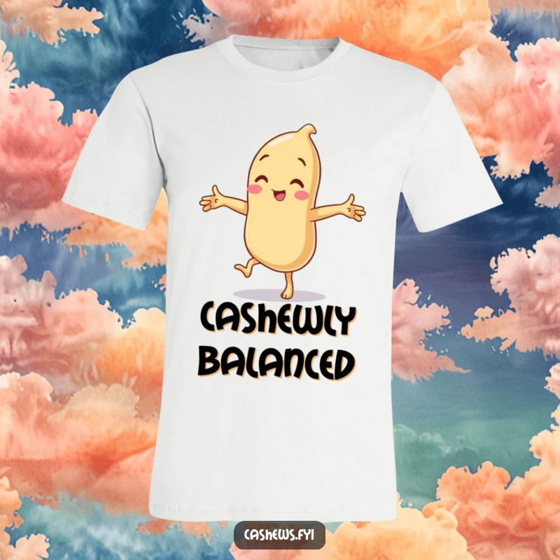 Funny t-shirt with a cashew character balancing on one leg, arms out, in a hilariously clumsy and silly stance.
