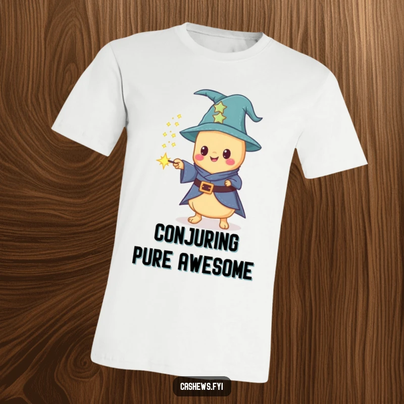 Funny t-shirt design of a Kawaii cashew wizard conjuring sparkling cashew dust from a wand, exuding magical charm.