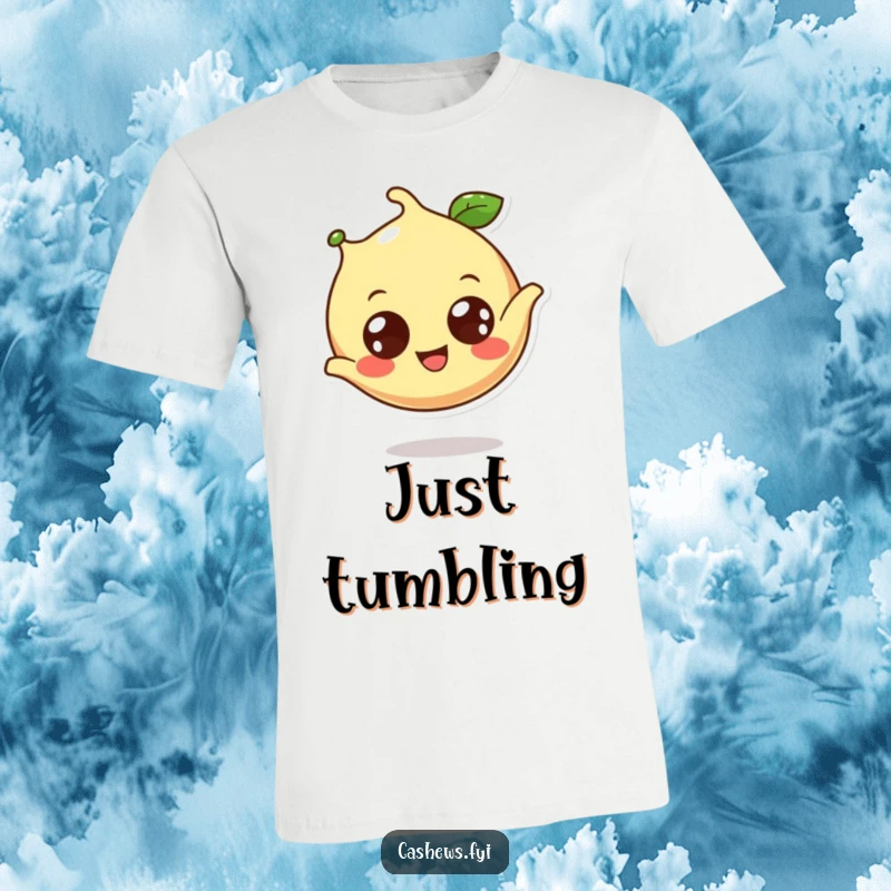 Funny cashew t-shirt with a cheerful cashew doing a lively somersault, showcasing pure joy and fun.