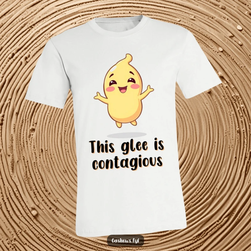 Funny t-shirt print of a cashew character joyfully bouncing with all its might, radiating infectious happiness and excitement.