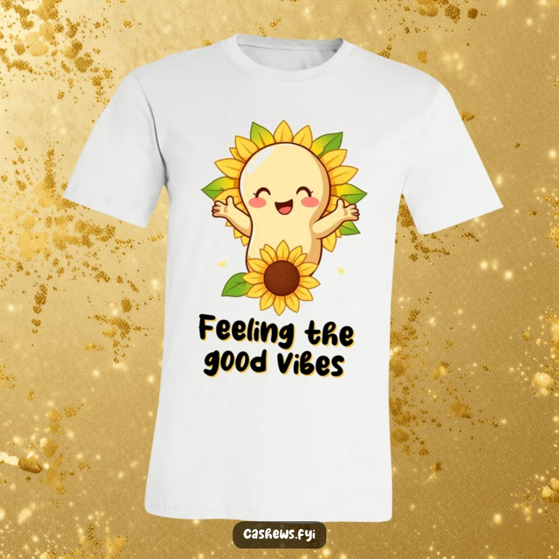 Funny t-shirt depicting a cashew nut joyfully embracing a cheerful sunflower, radiating warmth and natural happiness.