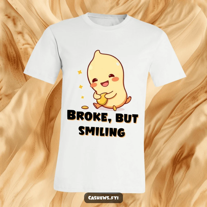 Funny t-shirt with a cashew character tripping slightly, clutching a broken cashew, and laughing, showcasing a humorous take on clumsiness.