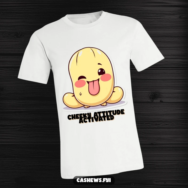 Funny t-shirt design of a cashew character pulling a funny face, tongue out, and giving a playful wink.