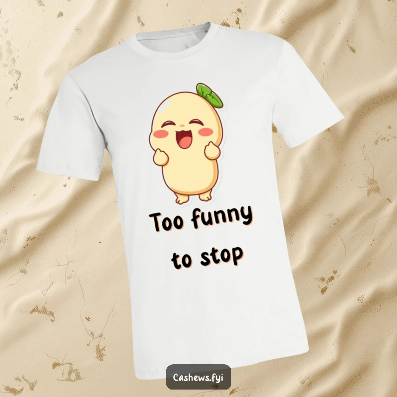 Funny T-shirt showcasing a cashew character absolutely losing it with laughter, holding its sides and beaming with mirth.