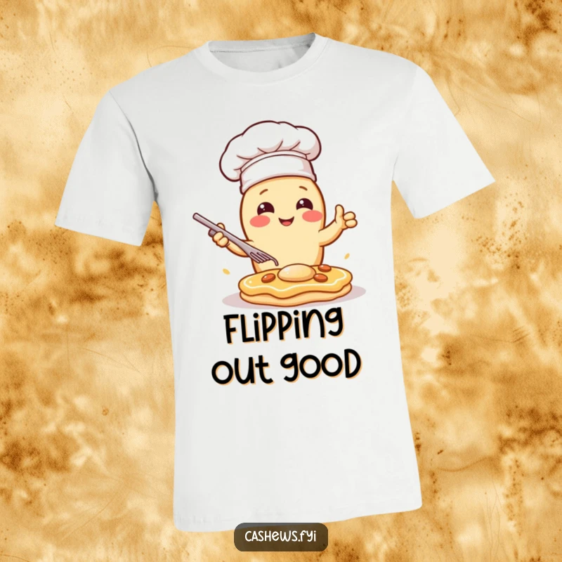 Funny t-shirt featuring a kawaii cashew wearing a chef hat, dramatically flipping a pancake with impressive culinary skill and style.