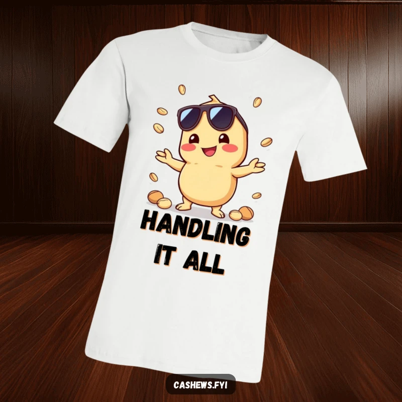 Funny t-shirt showcasing a kawaii cashew sporting sunglasses and a big grin while juggling miniature nuts, exuding cool confidence.