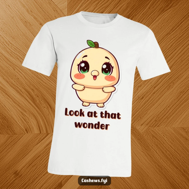 Funny kawaii cashew with wide, twinkling eyes looking up excitedly on a t-shirt.