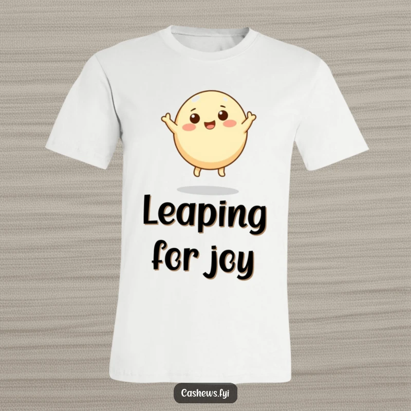 Funny t-shirt design of a round cashew character with little legs joyfully leaping upwards, conveying a sense of aspiration.