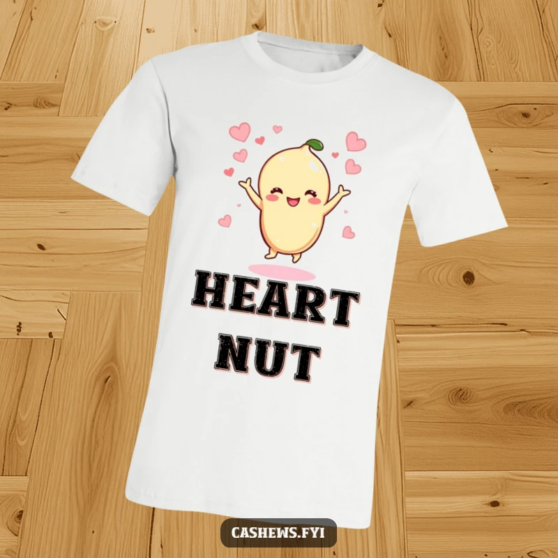 Funny Kawaii Cashew T-Shirt: Features a cashew character energetically dancing, with hearts floating around it, symbolizing pure joy and happiness.