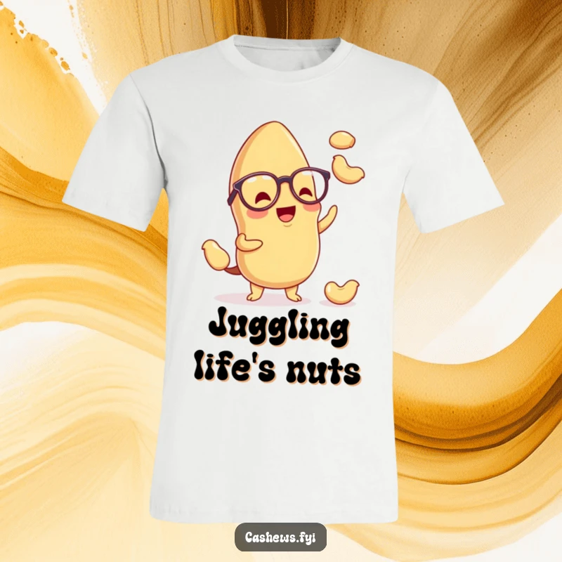 Funny kawaii cashew t-shirt depicting a cute nut with spectacles, masterfully juggling tiny cashews, a delight for the eyes.