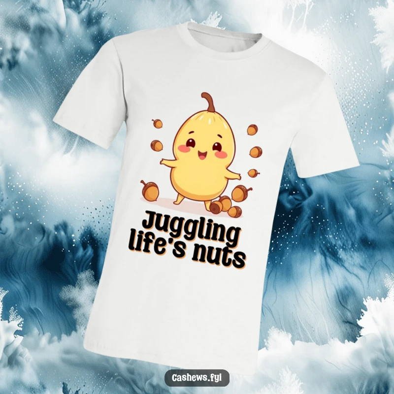 Funny T-shirt featuring a happy cashew character expertly juggling small acorns with a bright, cheerful, and energetic demeanor.