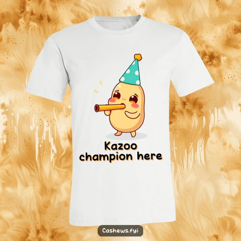 Funny t-shirt showcasing a cashew in a party hat, enthusiastically blowing a kazoo with pure joy, ready for a celebration.
