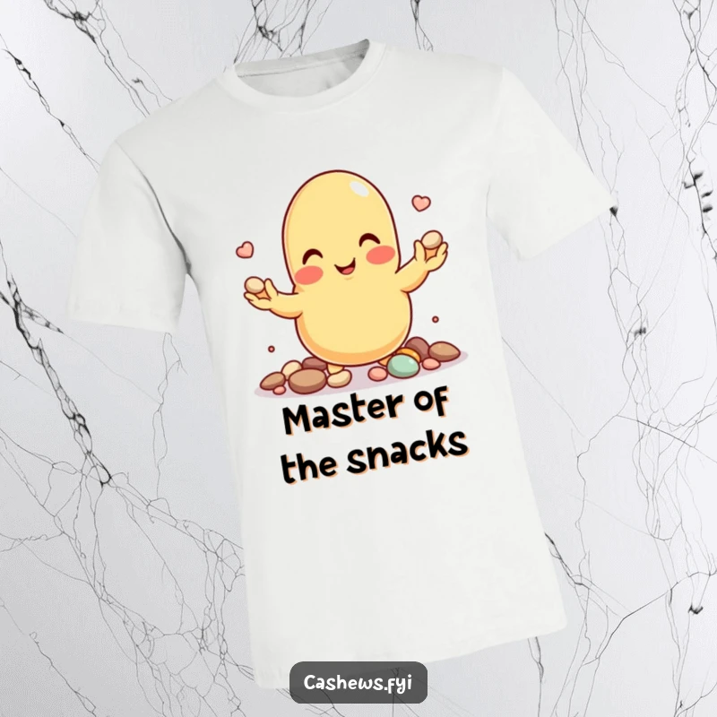 Funny t-shirt featuring a smiling cashew nut character skillfully juggling small pebbles.