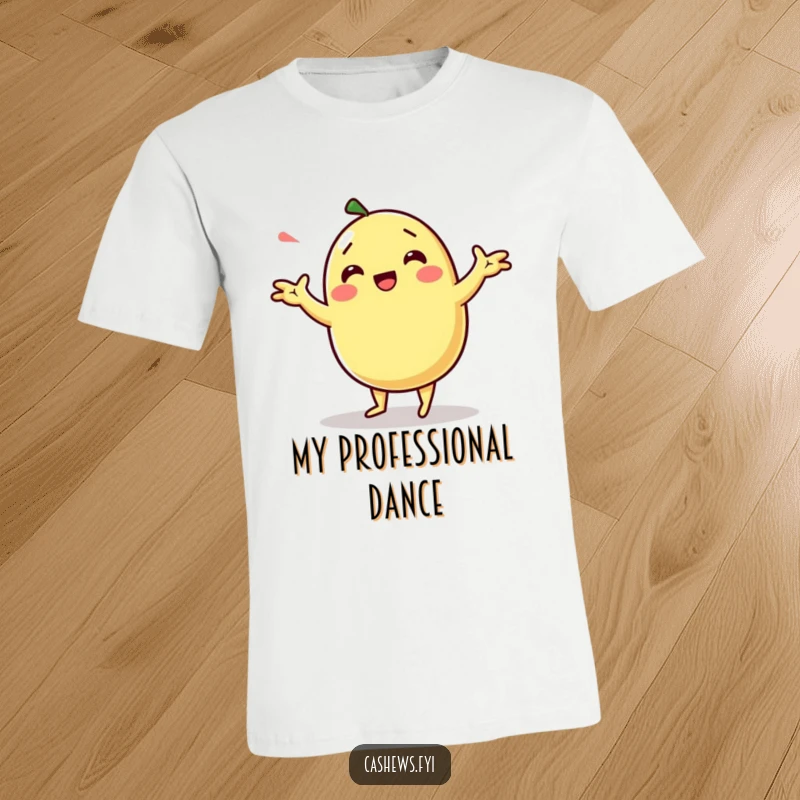Funny kawaii cashew character doing a silly dance with exaggerated arm movements on a t-shirt.
