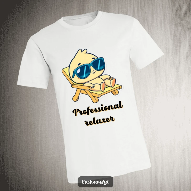 Funny cashew character in sunglasses relaxing on a beach chair, exuding a cool and lazy vibe, ideal for a funny gift.