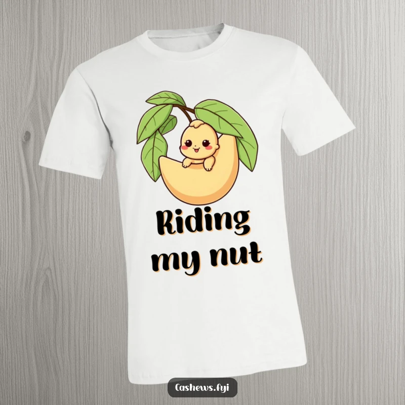 Funny cashew t-shirt showing a happy character riding a giant cashew husk, celebrating joy and nutty escapades.