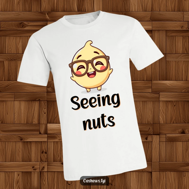 Funny Kawaii Cashew T-Shirt: Features a cashew character with huge, funny glasses, giggling with delight, a humorous and intellectual design.