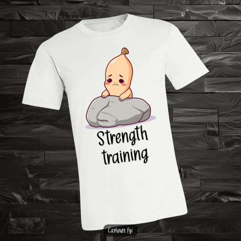 Funny cashew t-shirt of a cashew with a comical grimace attempting to lift a large pebble, highlighting effort and humor.
