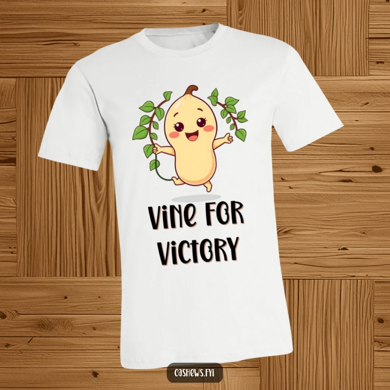 Funny t-shirt with a big-smiling kawaii cashew character expertly jumping rope using a vine, showcasing pure active joy.