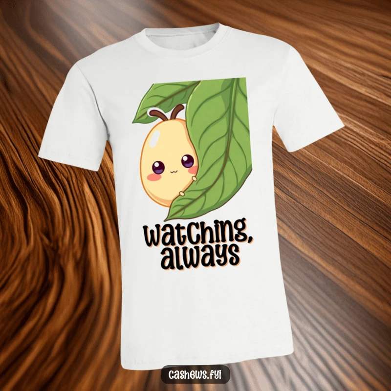 Funny T-Shirt: A cashew with large, wobbly googly eyes peeks coyly from behind a giant leaf, embodying playful curiosity.