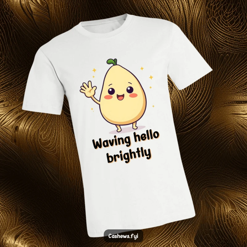 Funny t-shirt featuring a kawaii cashew character enthusiastically waving hello, adorned with sparkling starbursts, symbolizing happiness.